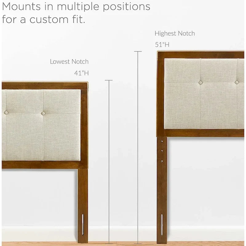 Tête de lit Marlin traditionnelle en tissu beige capitonné à boutons, format king, en bois de noyer