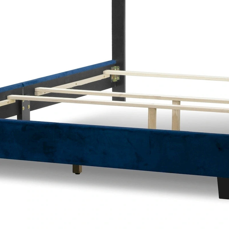 Lit Queen en velours bleu marine Arin, capitonnage à boutons et clous noirs