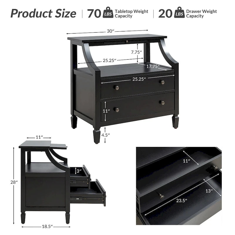 Table de chevet Jennifer à 2 tiroirs avec prises intégrées et plateau coulissant par HULALA HOME