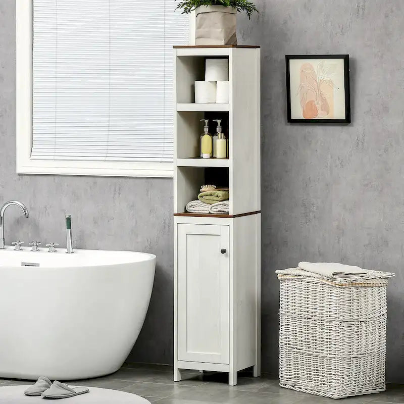 kleankin Tall Bathroom Storage Cabinet, Freestanding Tower Cabinet with 3 Open Shelves and Adjustable Shelf, Antique White