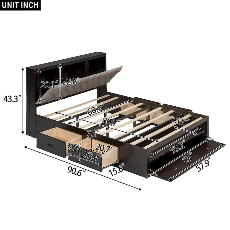 Lit plateforme en bois Queen Size avec tête de lit de rangement, étagère à chaussures et 4 tiroirs, couleur expresso