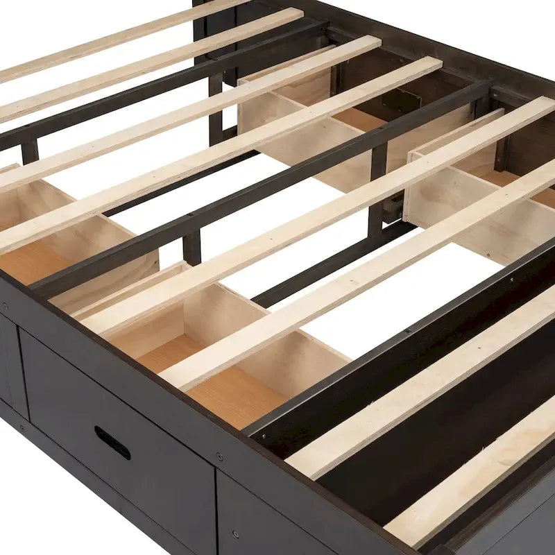 Lit plateforme en bois Queen Size avec tête de lit de rangement, étagère à chaussures et 4 tiroirs, couleur expresso
