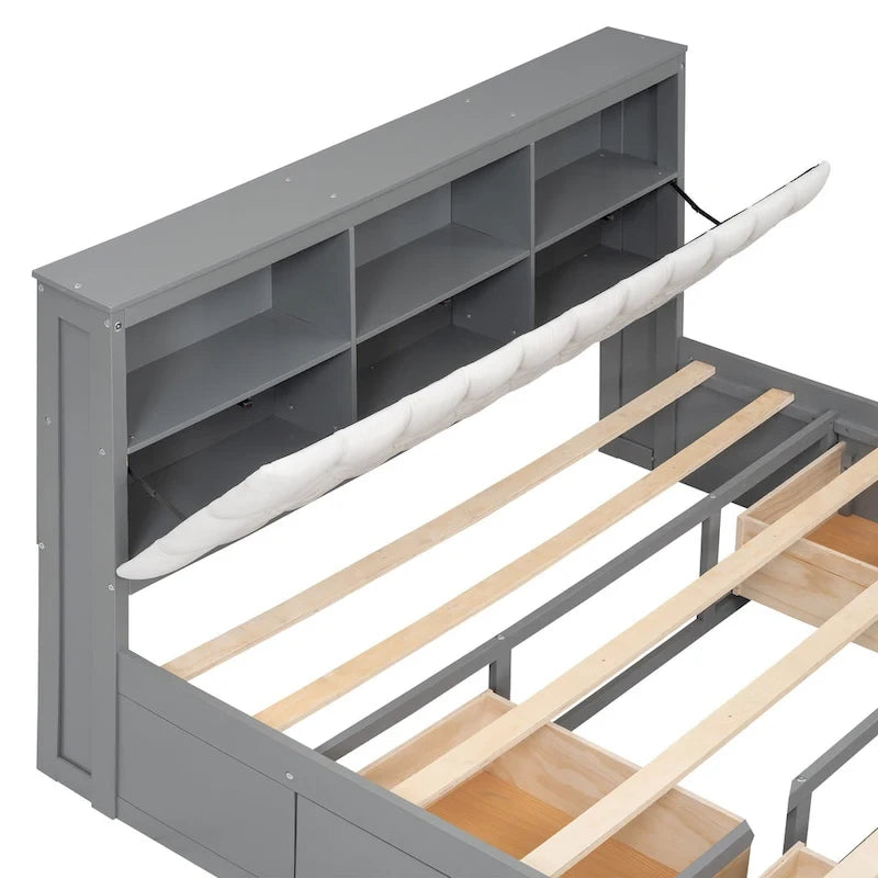 Lit plateforme en bois Queen Size avec tête de lit de rangement, étagère à chaussures et 4 tiroirs, couleur expresso