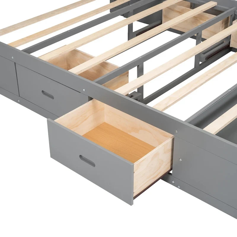 Lit plateforme en bois Queen Size avec tête de lit de rangement, étagère à chaussures et 4 tiroirs, couleur expresso