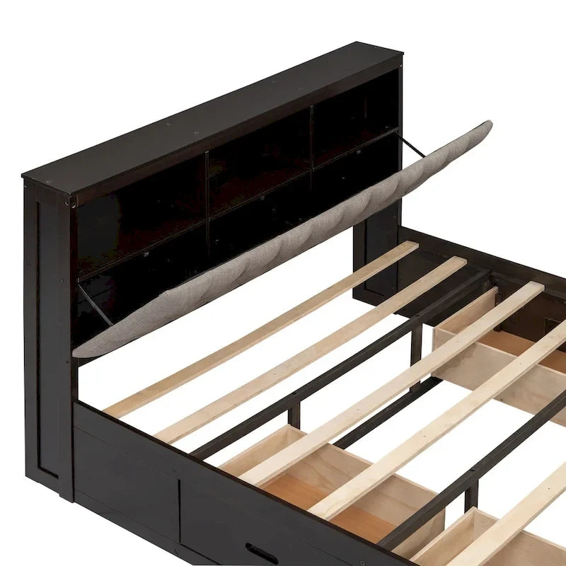 Lit plateforme en bois Queen Size avec tête de lit de rangement, étagère à chaussures et 4 tiroirs, couleur expresso