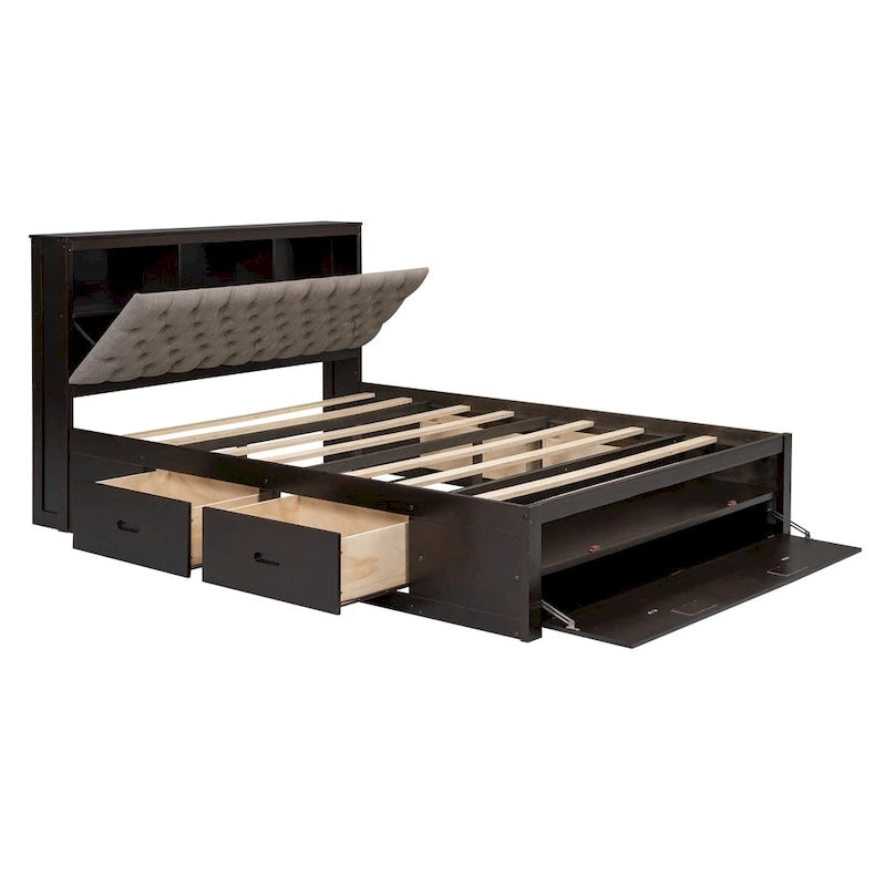 Lit plateforme en bois Queen Size avec tête de lit de rangement, étagère à chaussures et 4 tiroirs, couleur expresso