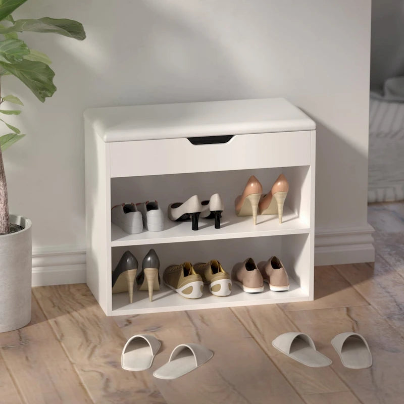Banc de rangement à chaussures 24 po avec coussin en mousse, meuble à chaussures pour salon