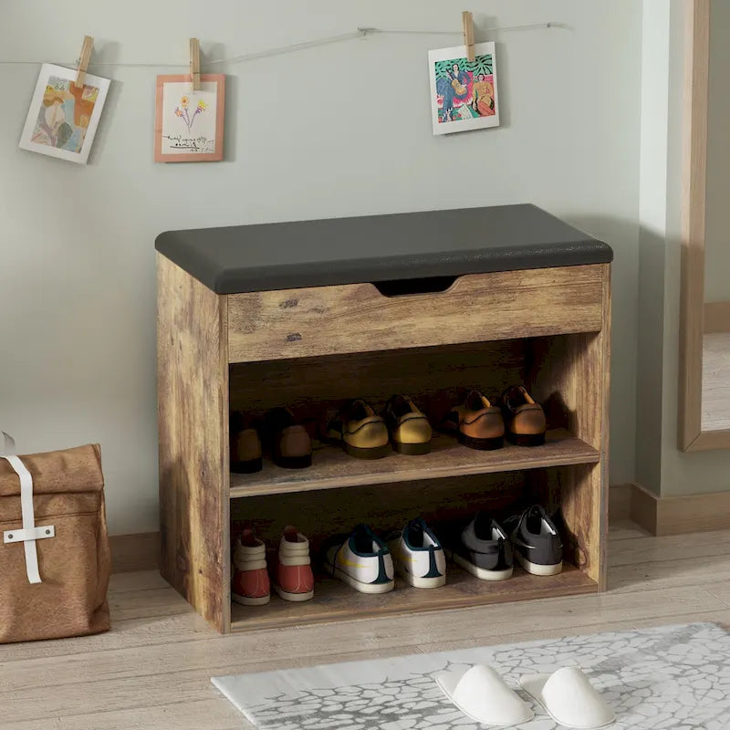 Banc de rangement à chaussures 24 po avec coussin en mousse, meuble à chaussures pour salon