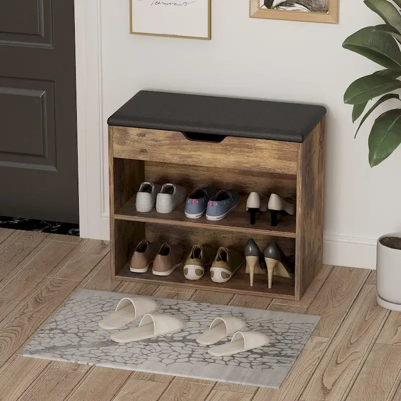Banc de rangement à chaussures 24 po avec coussin en mousse, meuble à chaussures pour salon
