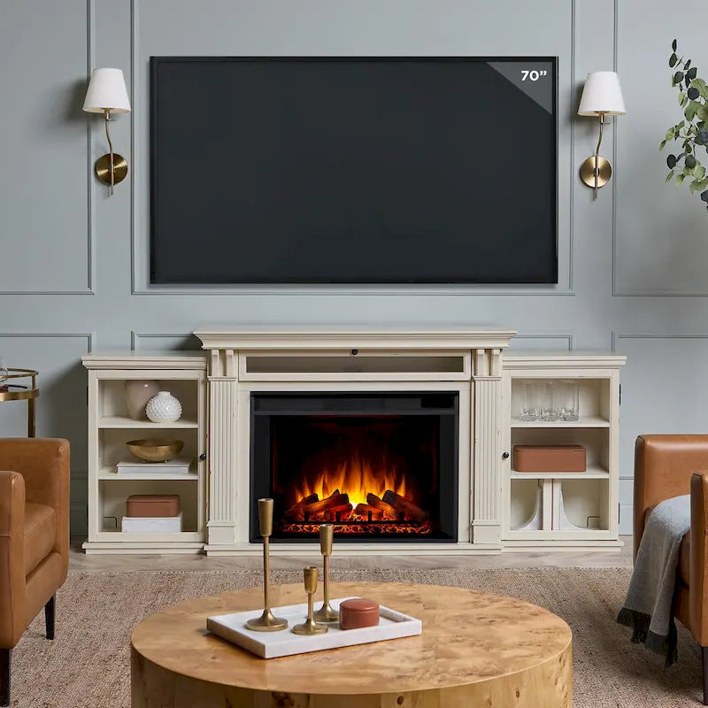 Cheminée électrique intégrée au meuble TV Tracey 84, finition blanc vieilli, par Real Flame