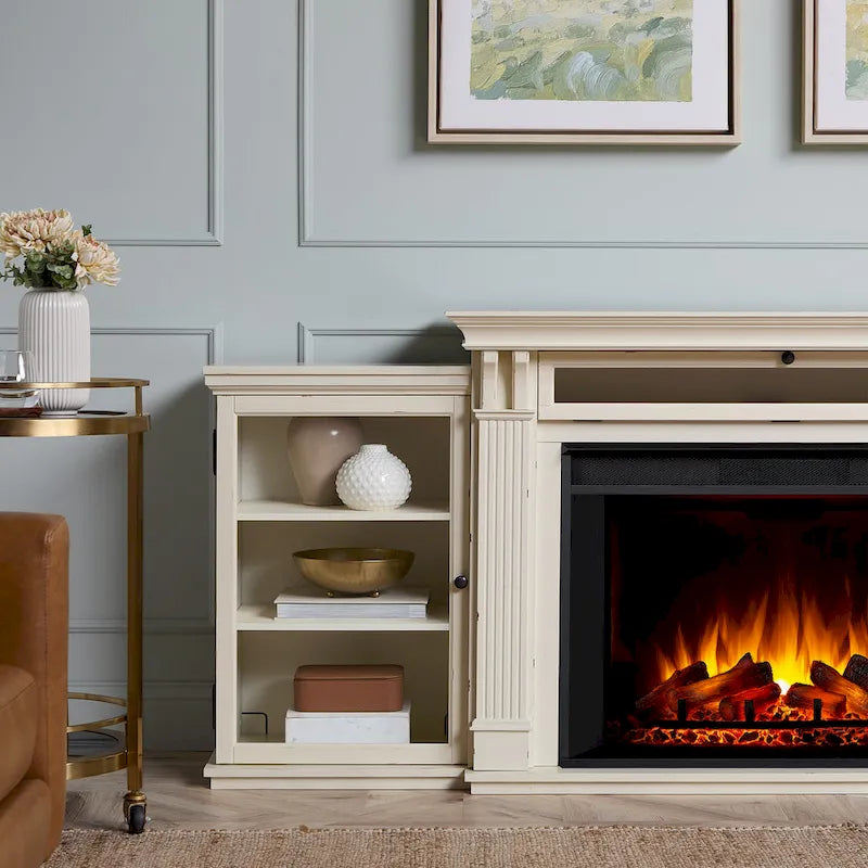 Cheminée électrique intégrée au meuble TV Tracey 84, finition blanc vieilli, par Real Flame