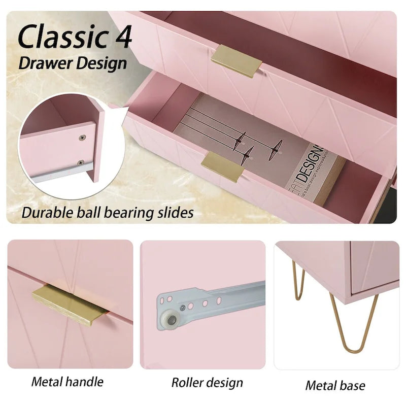 Commode haute à 4 tiroirs avec pieds en métal pour chambre ou salon