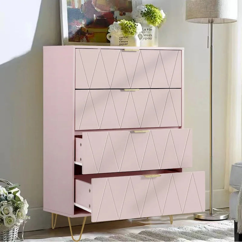 Commode haute à 4 tiroirs avec pieds en métal pour chambre ou salon