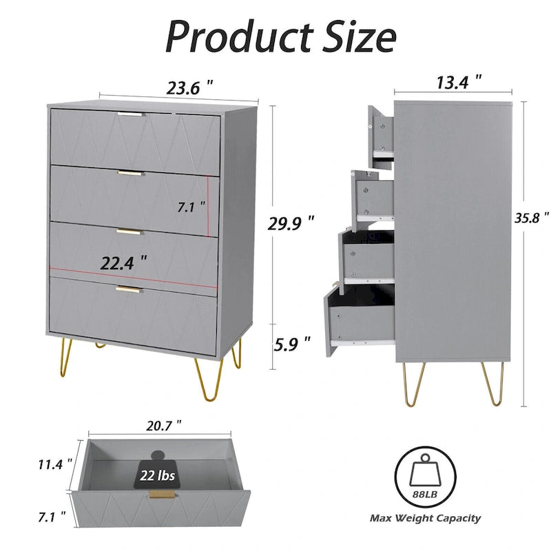 Commode haute à 4 tiroirs avec pieds en métal pour chambre ou salon