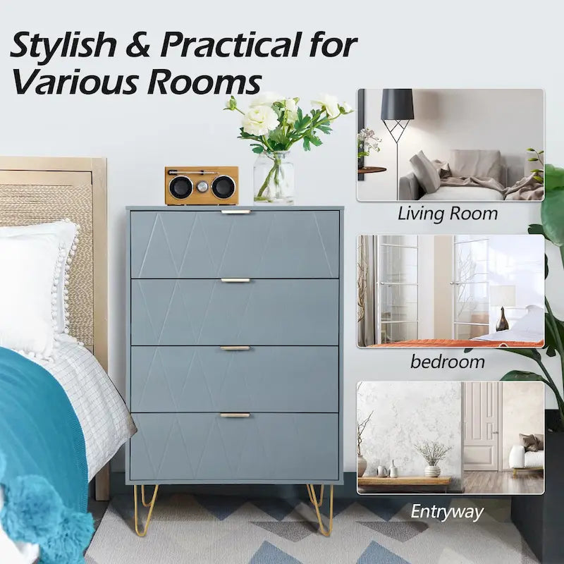 Commode haute à 4 tiroirs avec pieds en métal pour chambre ou salon
