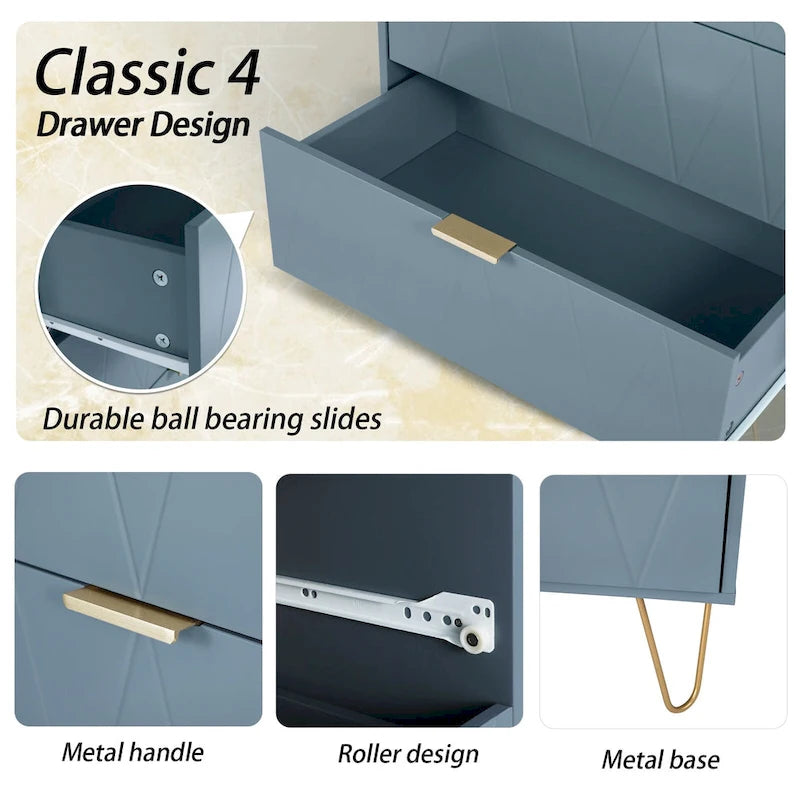 Commode haute à 4 tiroirs avec pieds en métal pour chambre ou salon