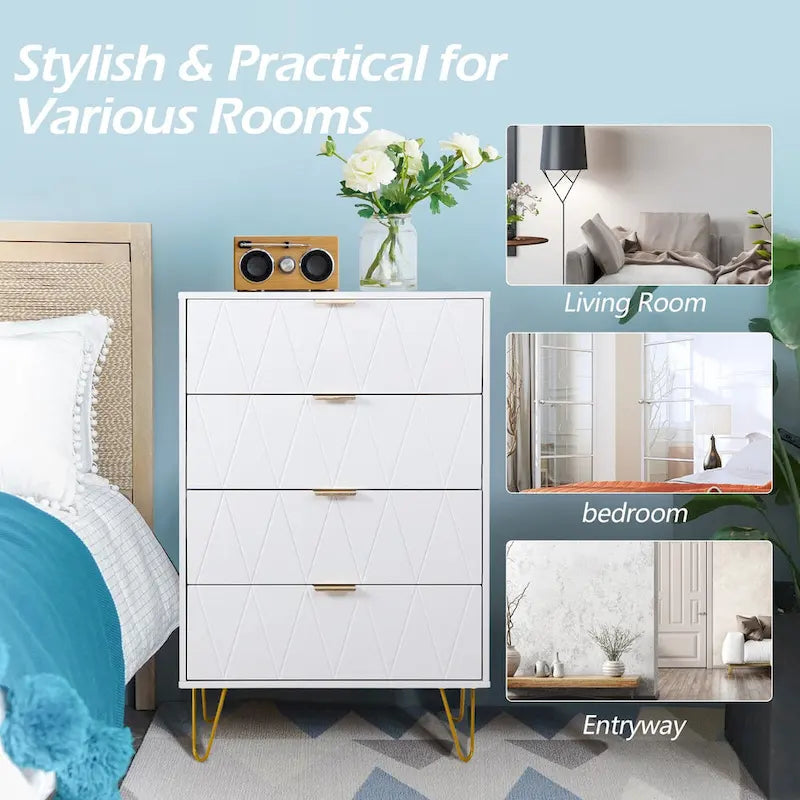 Commode haute à 4 tiroirs avec pieds en métal pour chambre ou salon