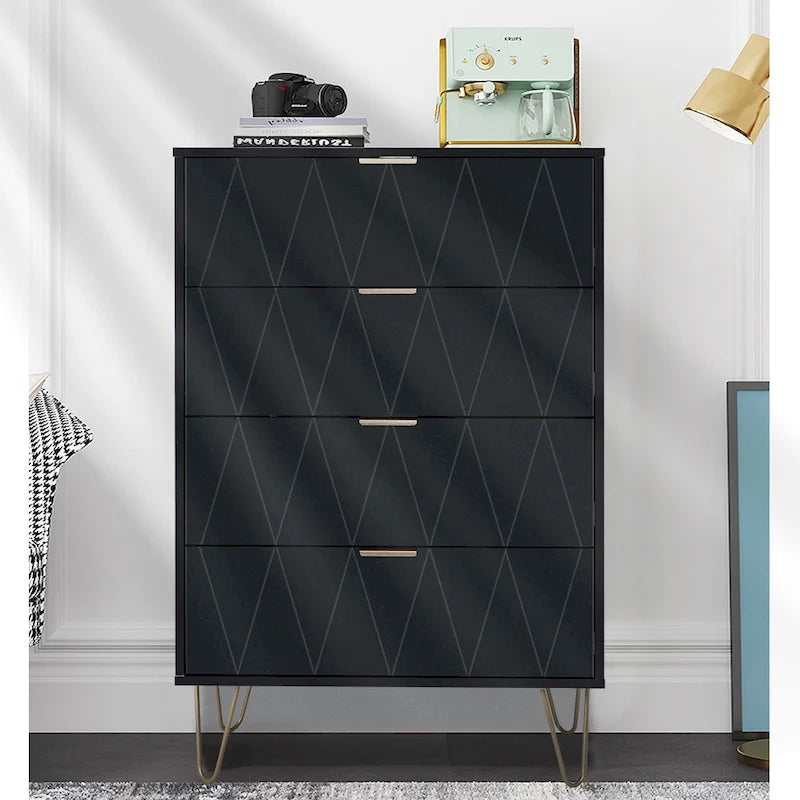 Commode haute à 4 tiroirs avec pieds en métal pour chambre ou salon
