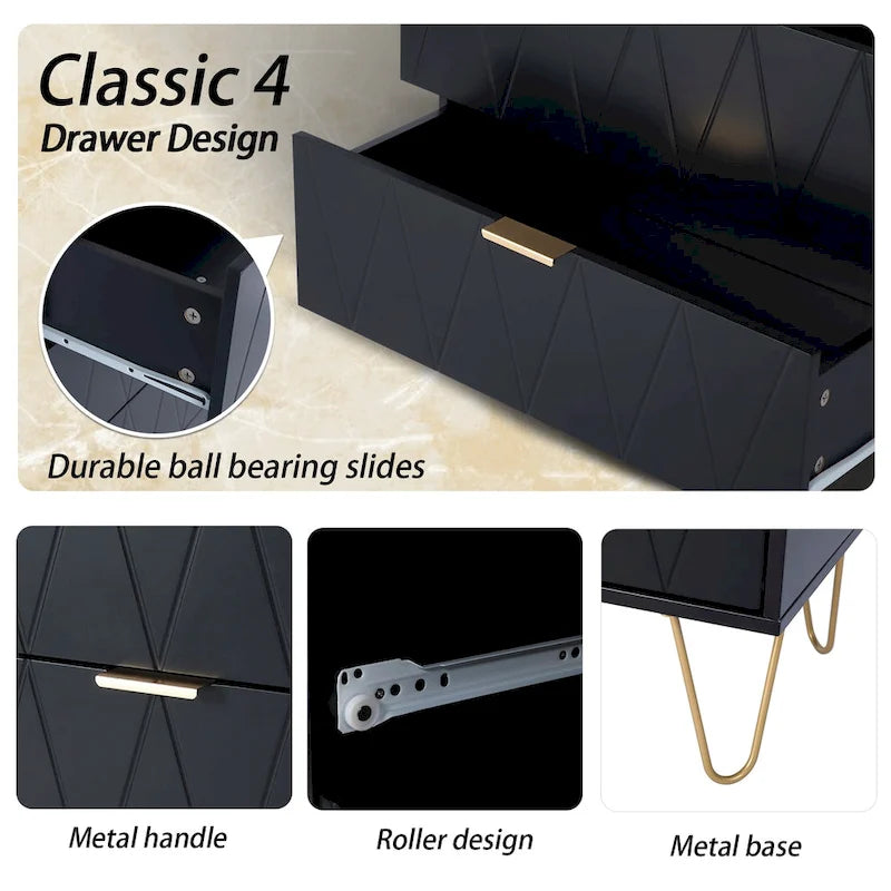 Commode haute à 4 tiroirs avec pieds en métal pour chambre ou salon