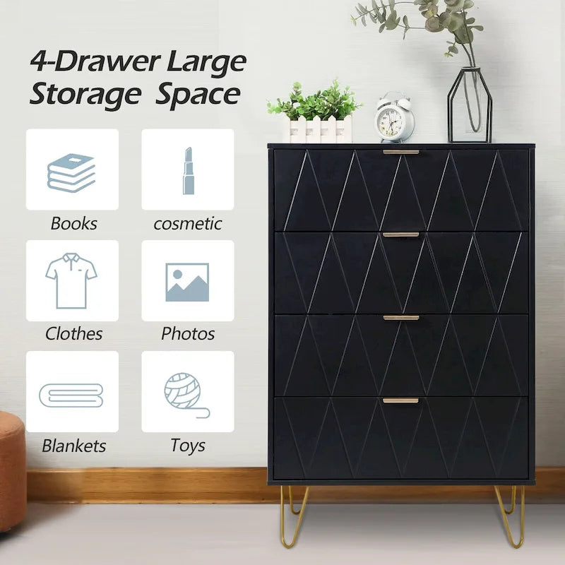 Commode haute à 4 tiroirs avec pieds en métal pour chambre ou salon