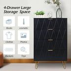 Commode haute à 4 tiroirs avec pieds en métal pour chambre ou salon