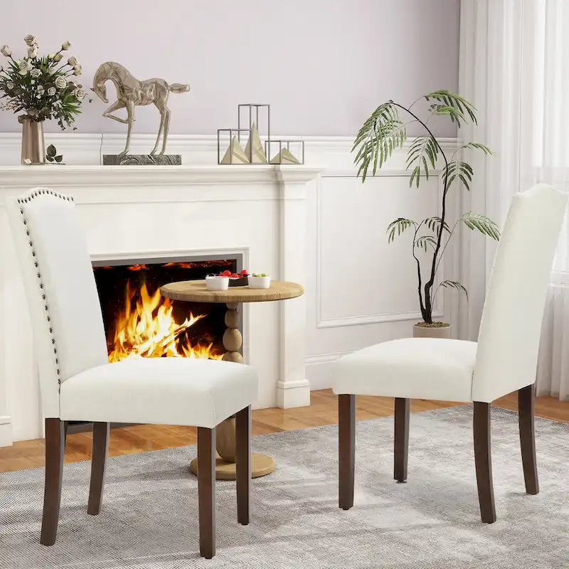 Dining Chairs Set of 2, Upholstered Dining Room Chairs Fabric Kitchen Chairs with Solid Wood Frame and Nailhead Trim