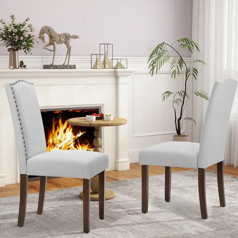 Ensemble de 2 chaises de salle à manger, chaises de cuisine rembourrées en tissu avec structure en bois massif et garniture cloutée