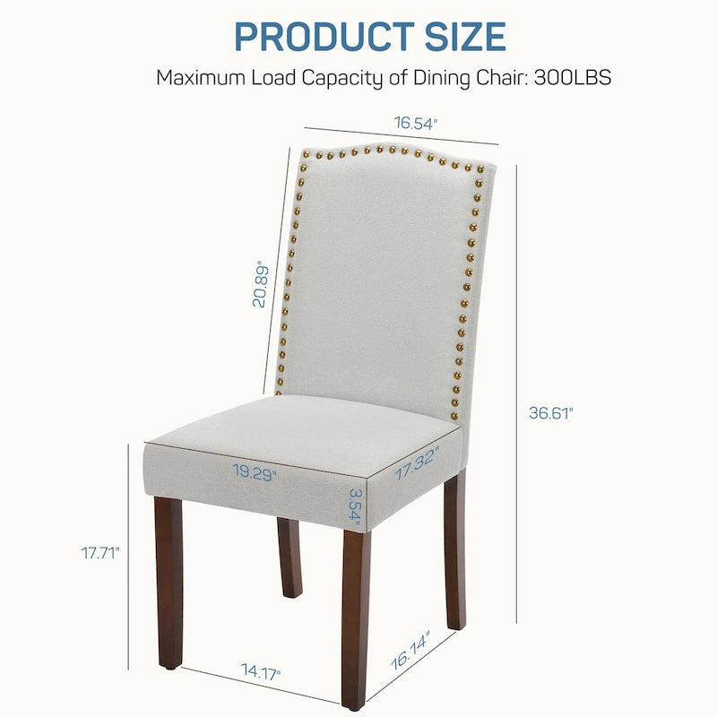 Ensemble de 2 chaises de salle à manger, chaises de cuisine rembourrées en tissu avec structure en bois massif et garniture cloutée