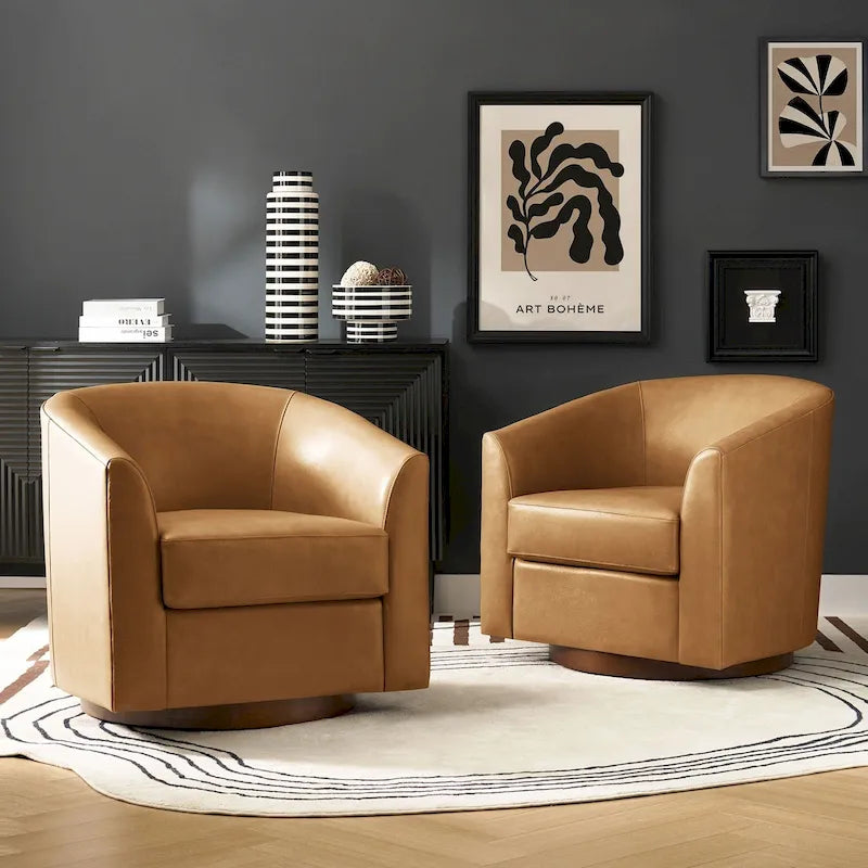 Fauteuil pivotant moderne Althea en cuir véritable avec base en bois massif, lot de 2, par HULALA HOME