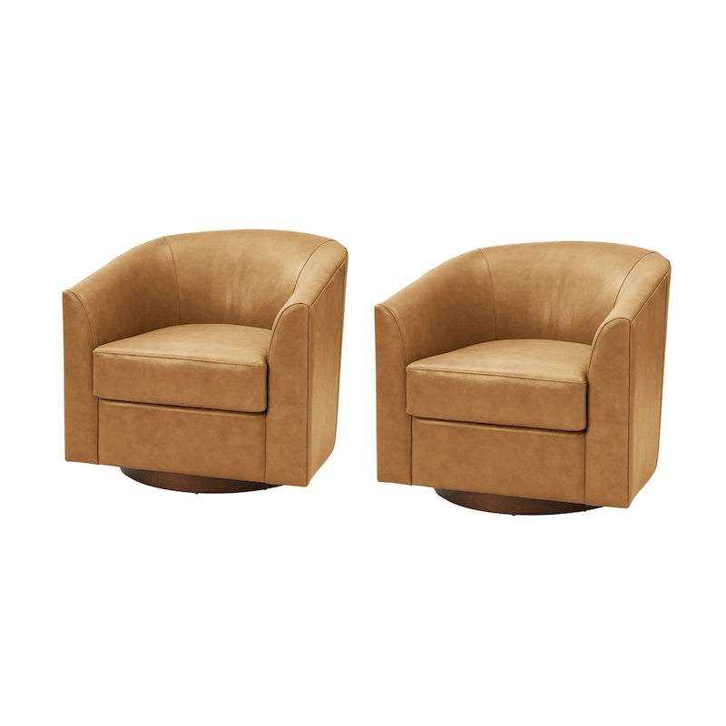 Fauteuil pivotant moderne Althea en cuir véritable avec base en bois massif, lot de 2, par HULALA HOME