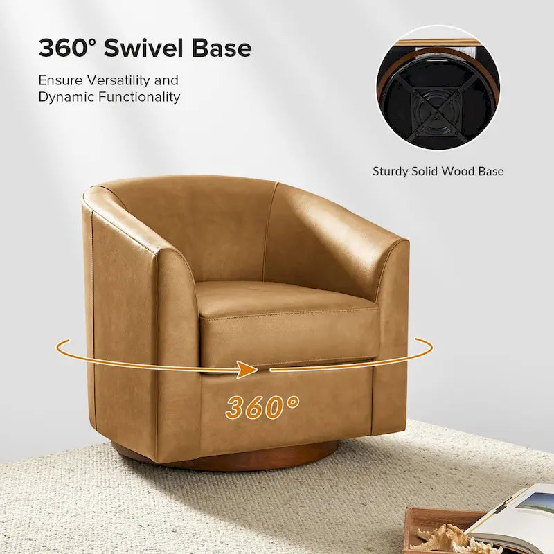 Fauteuil pivotant moderne Althea en cuir véritable avec base en bois massif, lot de 2, par HULALA HOME