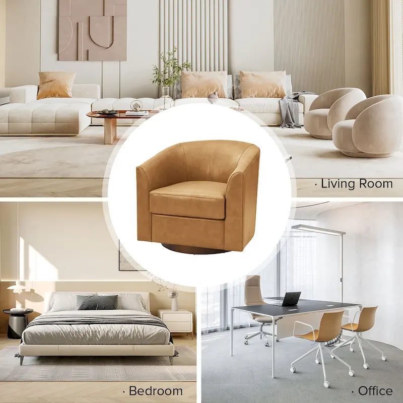 Fauteuil pivotant moderne Althea en cuir véritable avec base en bois massif, lot de 2, par HULALA HOME