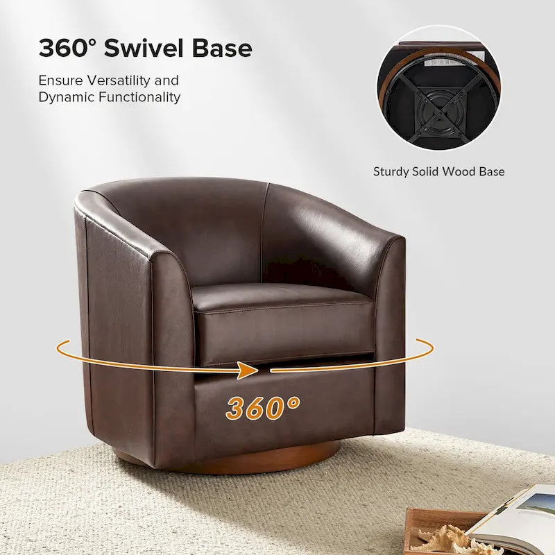 Fauteuil pivotant moderne Althea en cuir véritable avec base en bois massif, lot de 2, par HULALA HOME