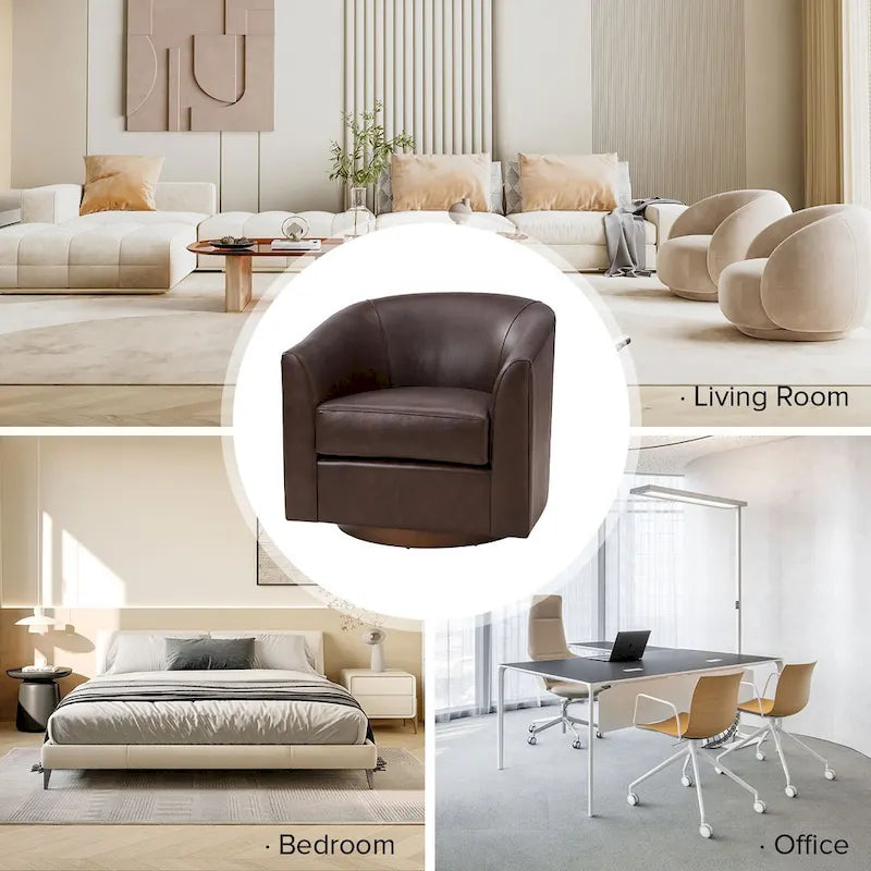 Fauteuil pivotant moderne Althea en cuir véritable avec base en bois massif, lot de 2, par HULALA HOME