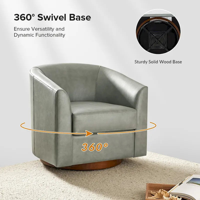 Fauteuil pivotant moderne Althea en cuir véritable avec base en bois massif, lot de 2, par HULALA HOME