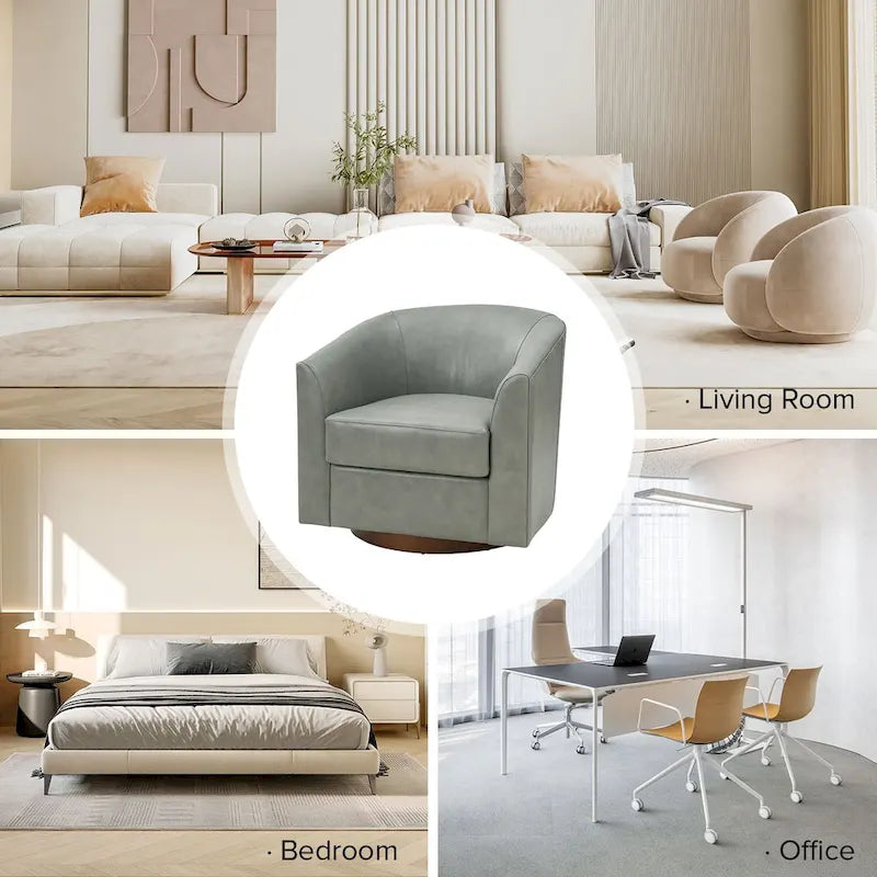 Fauteuil pivotant moderne Althea en cuir véritable avec base en bois massif, lot de 2, par HULALA HOME