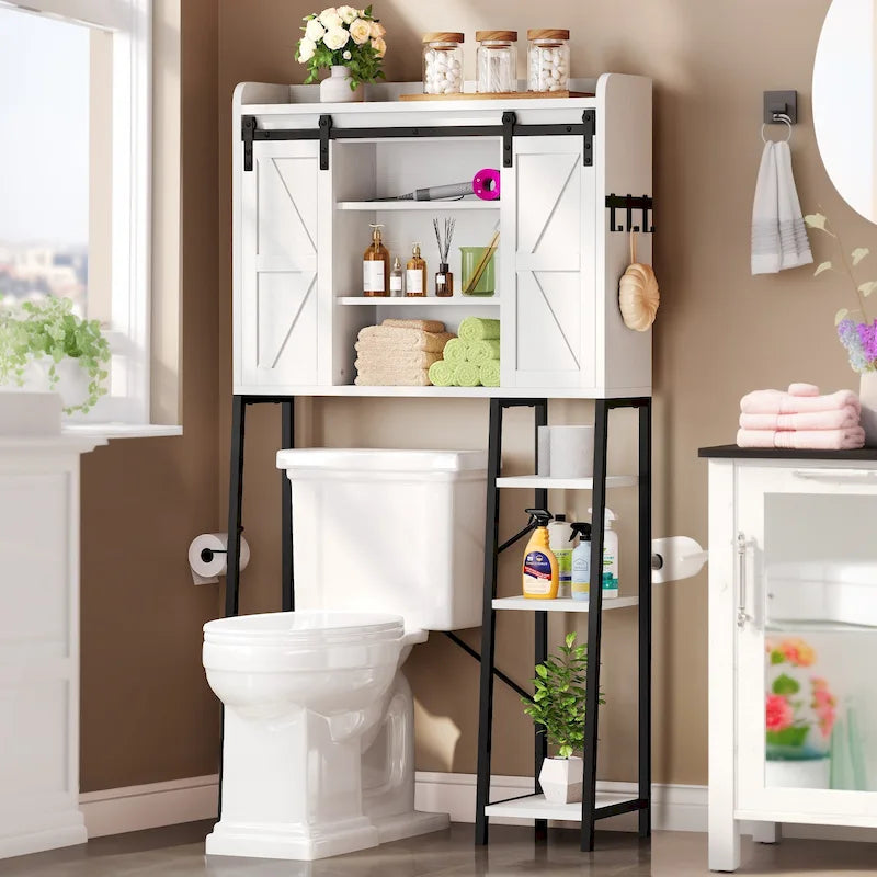 Meuble de rangement Moasis 61 cm à poser au-dessus des toilettes, avec porte coulissante style ferme et base en métal