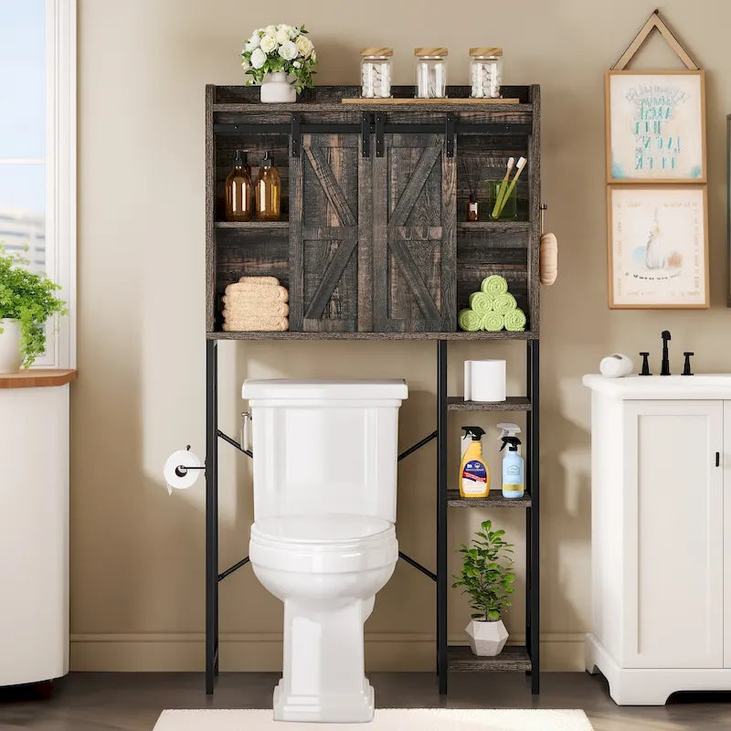 Meuble de rangement Moasis 61 cm à poser au-dessus des toilettes, avec porte coulissante style ferme et base en métal