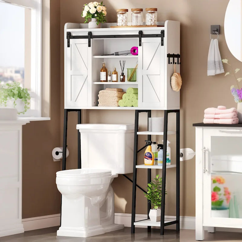 Moasis 61   Tall Over The Toilet Storage Cabinet Rack with Farmhouse Sliding Door and Metal Base
