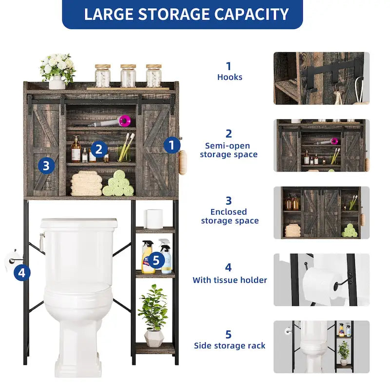 Meuble de rangement Moasis 61 cm à poser au-dessus des toilettes, avec porte coulissante style ferme et base en métal