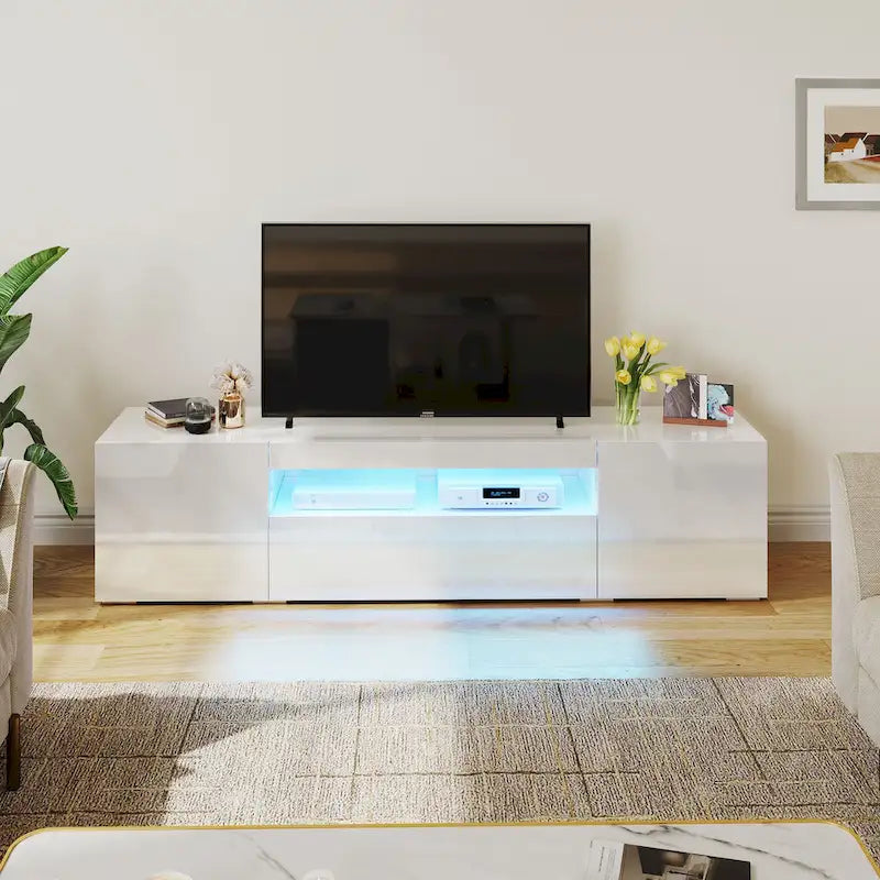 Meuble TV Moasis 70 pouces en bois brillant avec centre multimédia et éclairage LED