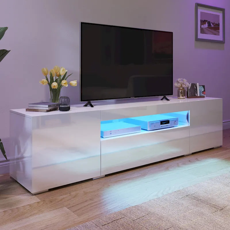 Meuble TV Moasis 70 pouces en bois brillant avec centre multimédia et éclairage LED