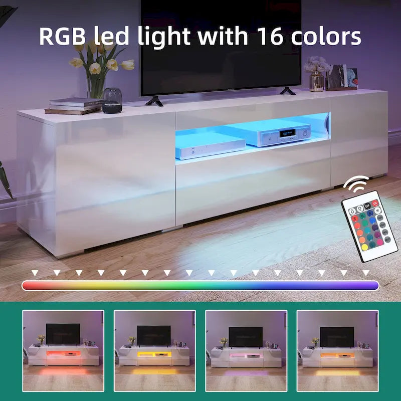 Meuble TV Moasis 70 pouces en bois brillant avec centre multimédia et éclairage LED