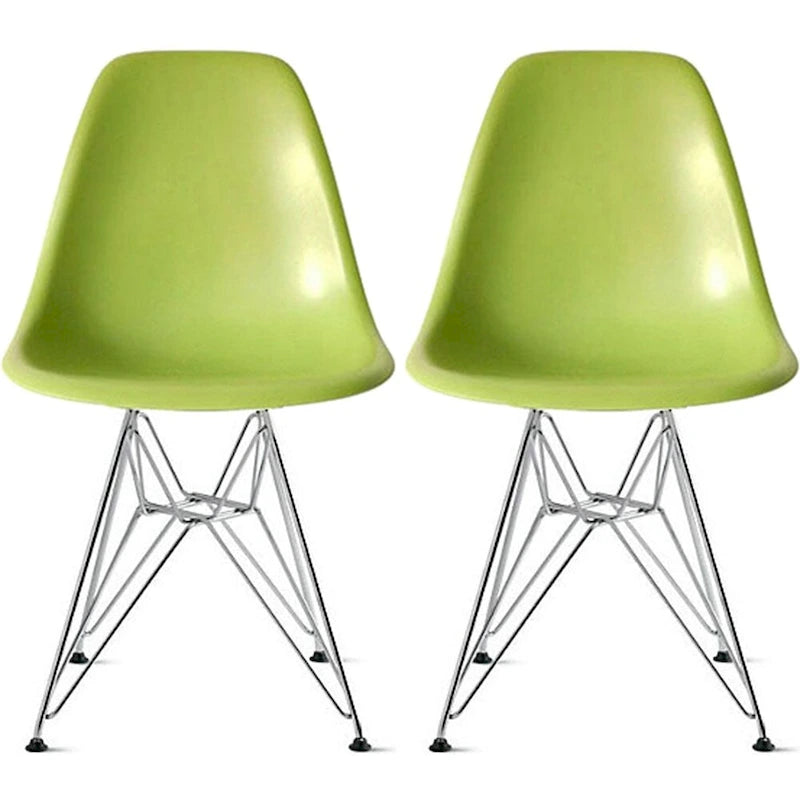 Ensemble de 2 chaises de salle à manger modernes DSW en plastique moulé, sans accoudoirs, hauteur d'assise pyramidale, pieds Eiffel chromés.