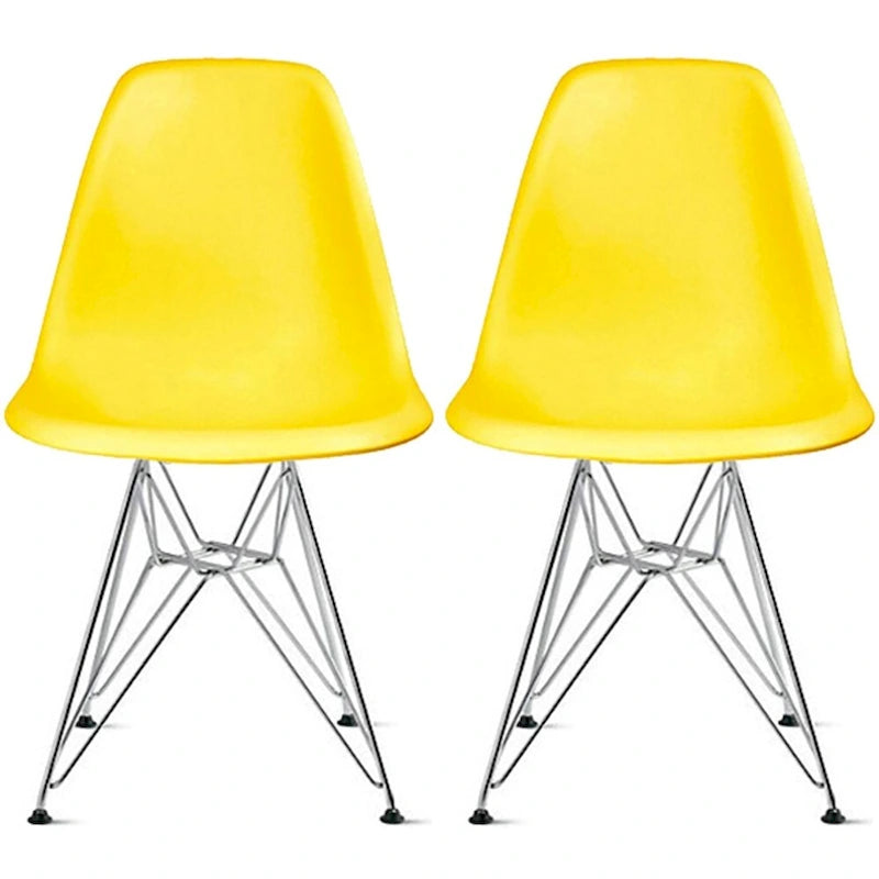 Ensemble de 2 chaises de salle à manger modernes DSW en plastique moulé, sans accoudoirs, hauteur d'assise pyramidale, pieds Eiffel chromés.