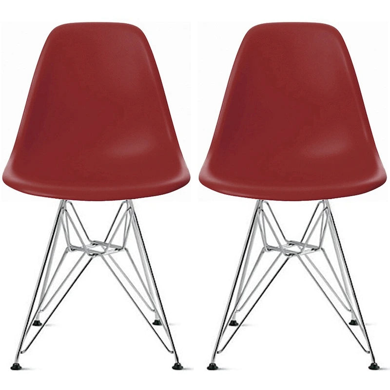 Ensemble de 2 chaises de salle à manger modernes DSW en plastique moulé, sans accoudoirs, hauteur d'assise pyramidale, pieds Eiffel chromés.