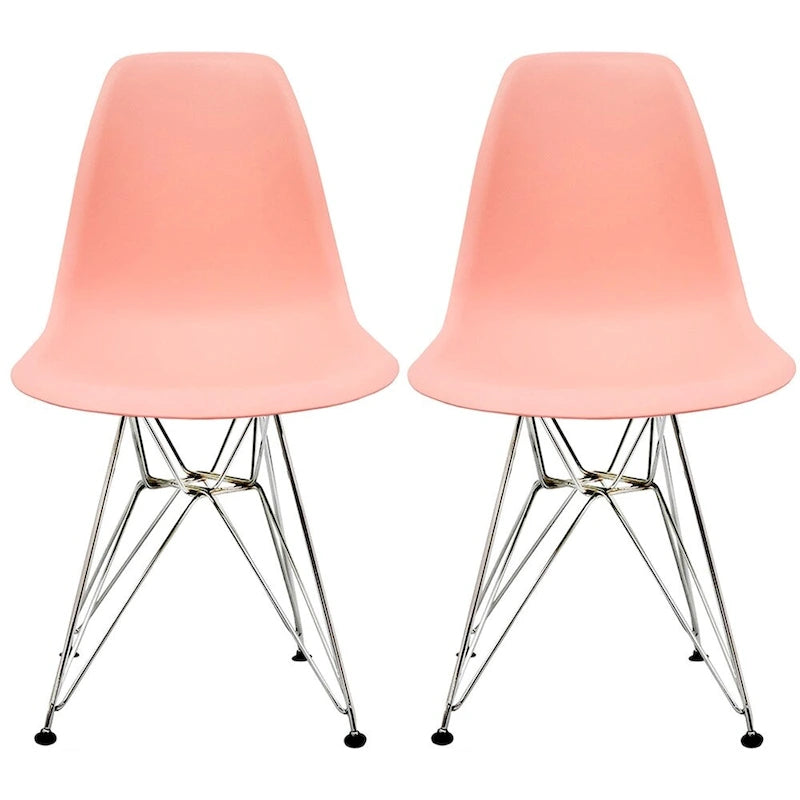 Ensemble de 2 chaises de salle à manger modernes DSW en plastique moulé, sans accoudoirs, hauteur d'assise pyramidale, pieds Eiffel chromés.