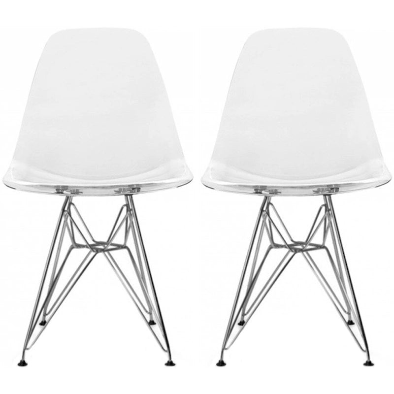 Ensemble de 2 chaises de salle à manger modernes DSW en plastique moulé, sans accoudoirs, hauteur d'assise pyramidale, pieds Eiffel chromés.