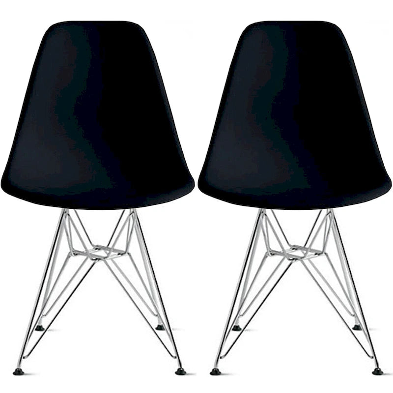 Ensemble de 2 chaises de salle à manger modernes DSW en plastique moulé, sans accoudoirs, hauteur d'assise pyramidale, pieds Eiffel chromés.