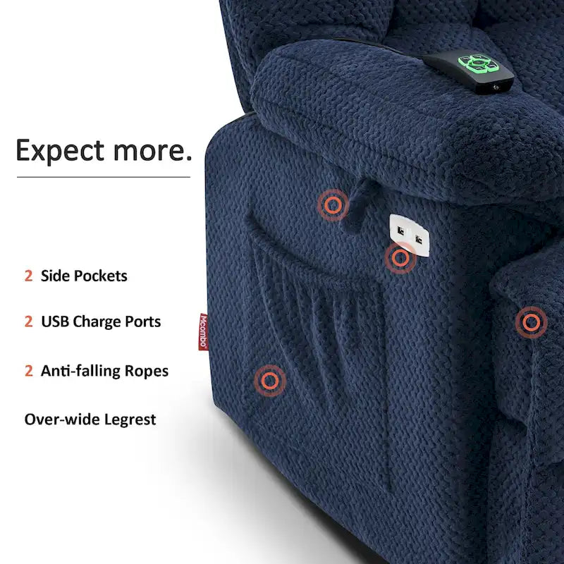Fauteuil inclinable électrique MCombo avec massage, chauffage, appui-tête réglable et repose-pieds extensible (PU/tissu)